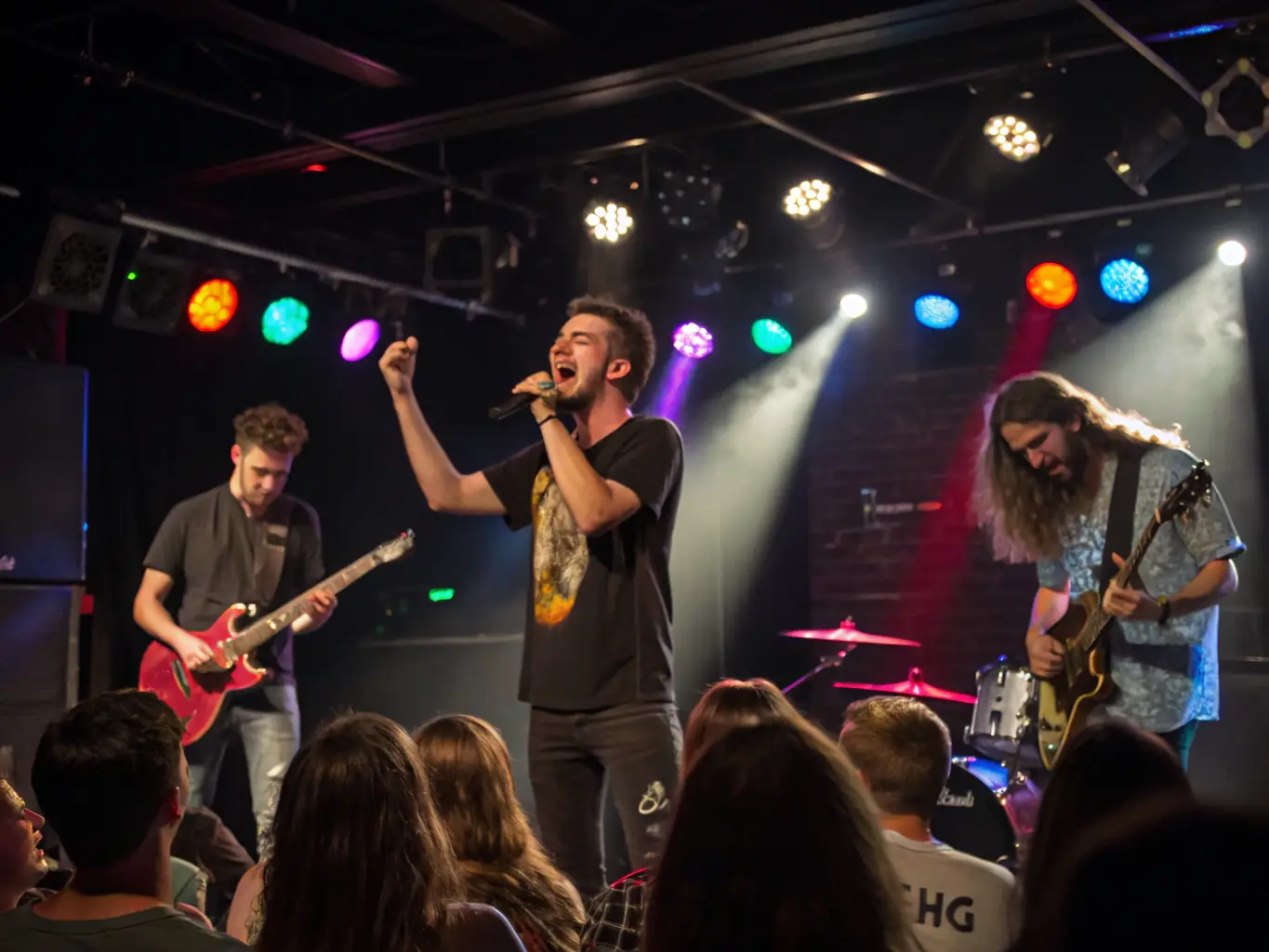 A lively band performing on stage with enthusiastic audience members clapping and dancing, showcasing BAD TRIPOUX ASSO's commitment to music support and development.