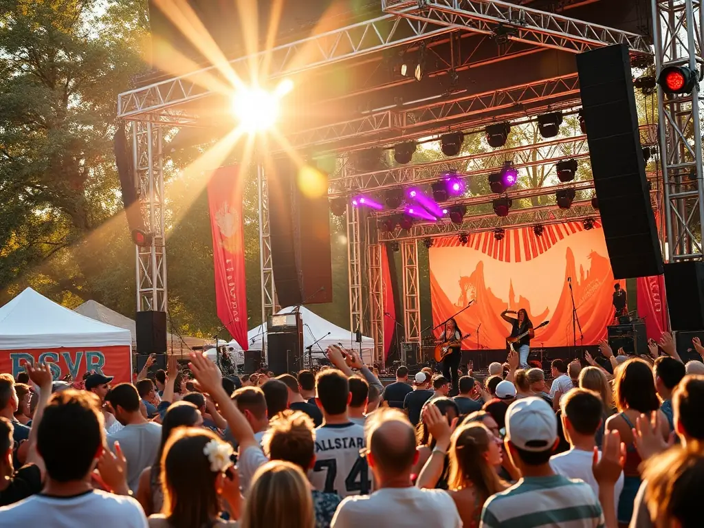 A vibrant outdoor music festival scene with diverse performers on stage and an enthusiastic crowd enjoying the show.