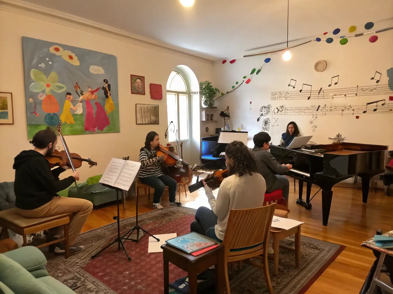 A photo of a music workshop organized by BAD TRIPOUX ASSO, showing participants actively learning and engaging with musical instruments.