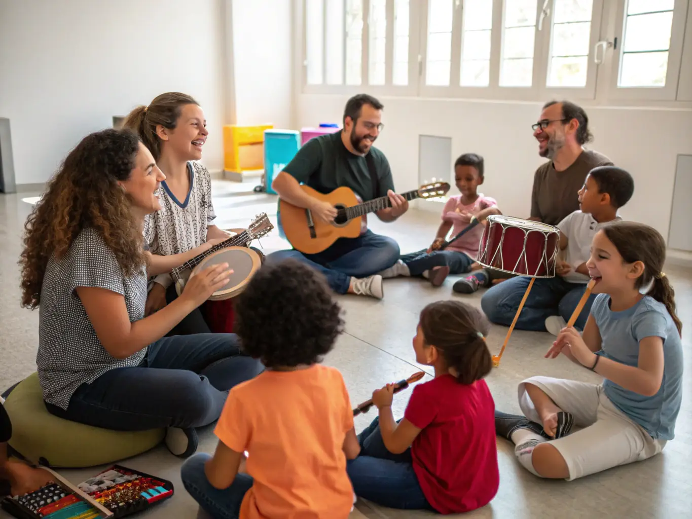A diverse group of people participating in a music workshop, highlighting BAD TRIPOUX ASSO's dedication to education and community involvement.