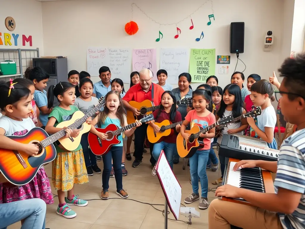 A diverse group of community members participating in a music workshop, highlighting BAD TRIPOUX ASSO's commitment to inclusivity and accessibility in the arts.