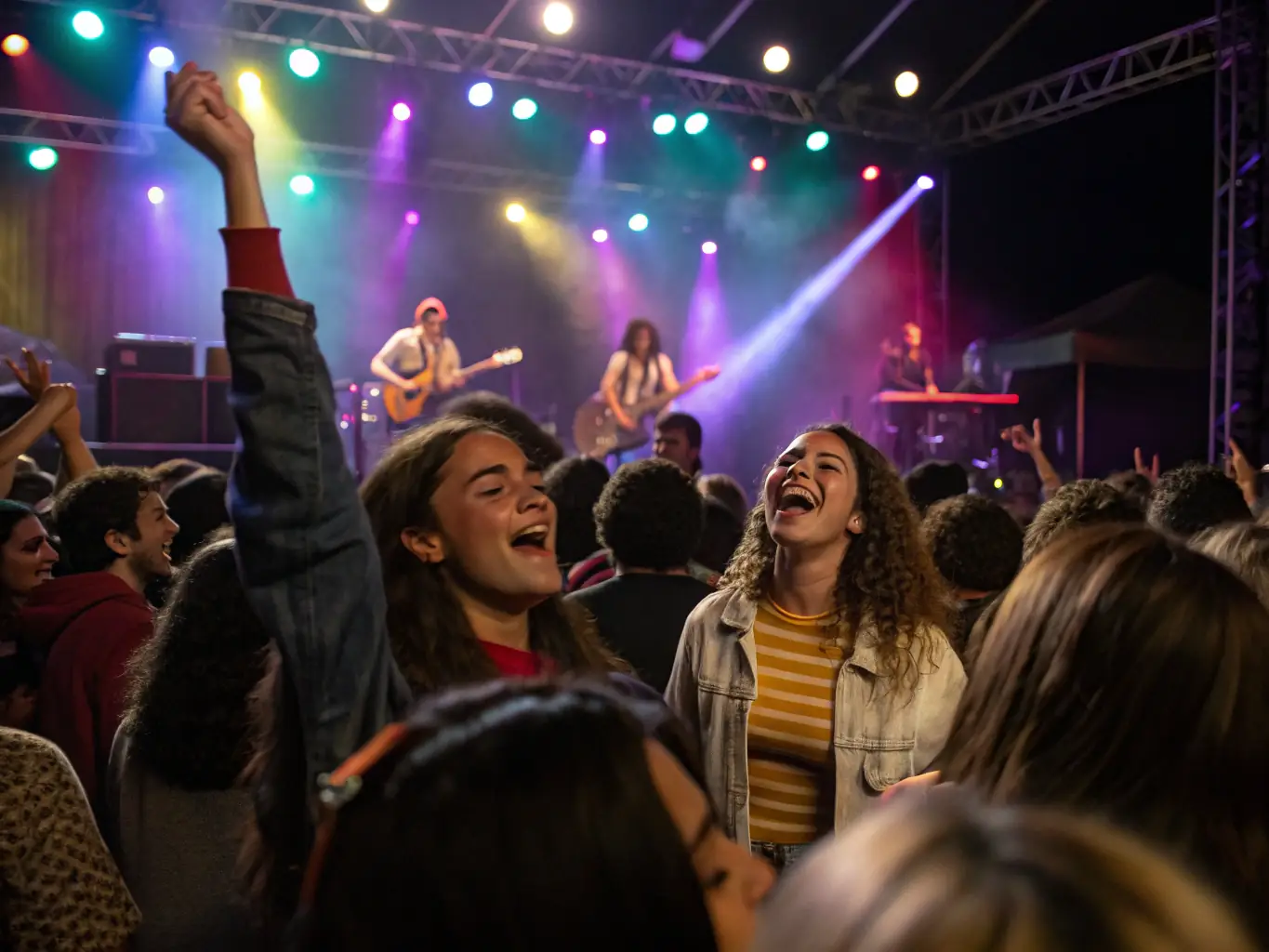 An energetic crowd enjoying a live outdoor concert with colorful stage lighting and diverse performers, capturing the essence of BAD TRIPOUX ASSO's cultural event organization.