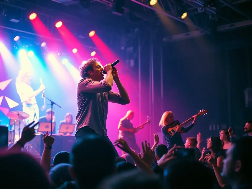 A dynamic image of a band performing live on stage, capturing the energy and excitement of a musical performance.