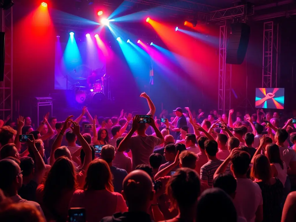 An energetic crowd enjoying a live outdoor concert with colorful stage lighting and diverse performers, representing BAD TRIPOUX ASSO's cultural event organization service.