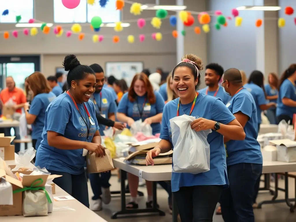 A group of volunteers working together at a BAD TRIPOUX ASSO community event, demonstrating the organization's commitment to community involvement.